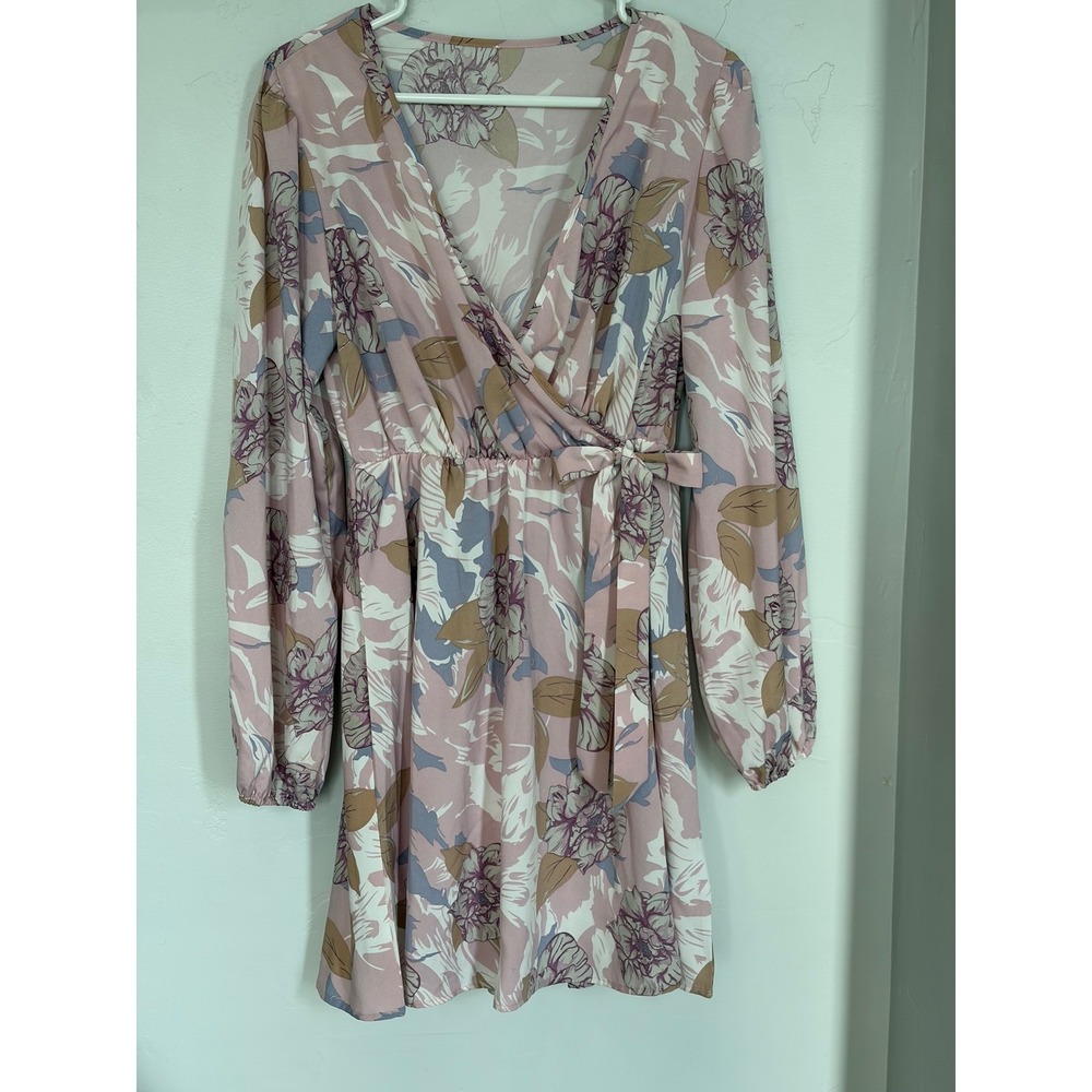 Shein Floral Wrap Mini Dress Pink Purple Long Sleeve Elastic Waist Womens Size M